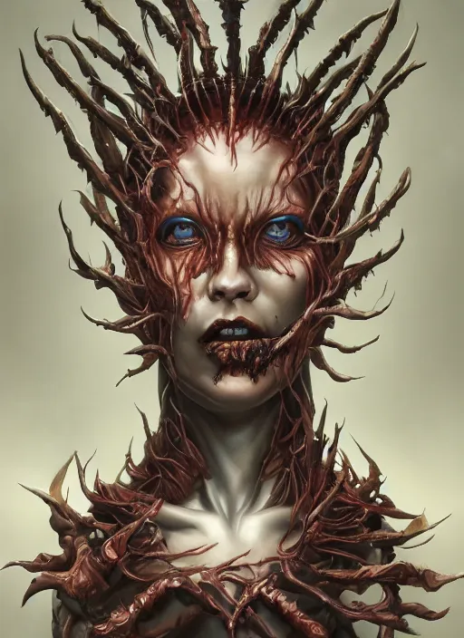 Prompt: a hyper detailed full face portrait of human transforming into the queen of blades, horror, sideshow figurines, diablo 4 lilith, by yusuke murata, by hiroya oku, by dorian cleavenger, by tom bagshaw, by zdzisław beksinski, trending on artstation