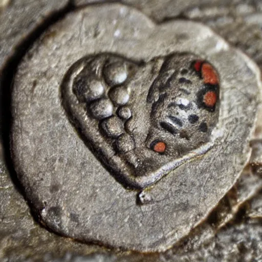 Prompt: ancient coin texture with heart shape and ladybug