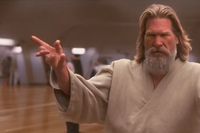 Image similar to A wide shot of Jeff Bridges from The Big Lebowski as a Jedi bowling in Star Wars