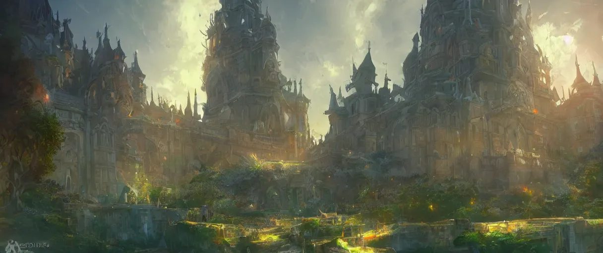Prompt: huge academic castle city behind a garden, concept art, digital painting, style of jordan grimmer, warm lighting, futuristic, volumetric lighting, view from below, vivid colours, bright, daytime, godrays , high detail, not a lot of grass