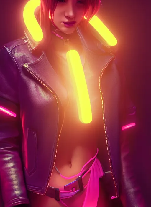 Prompt: pretty young woman with shoulder length shiny shimmering dark red hair and wearing a stuffed leather jacket with the glow of neon lights illuminating her, path traced, highly detailed, high quality, digital painting, by cd projekt red, cyberpunk,