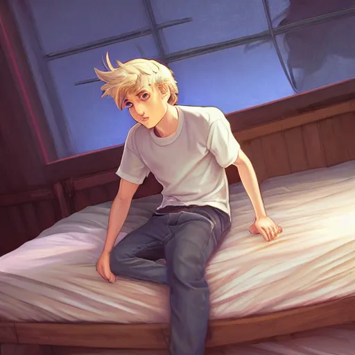 Image similar to young man with short, ash blond greyish hair, light brown eyes, casual clothes, hanging out on a bed, path traced, highly detailed, high quality, digital painting, by don bluth and ross tran and studio ghibli and alphonse mucha, sylvain sarrailh