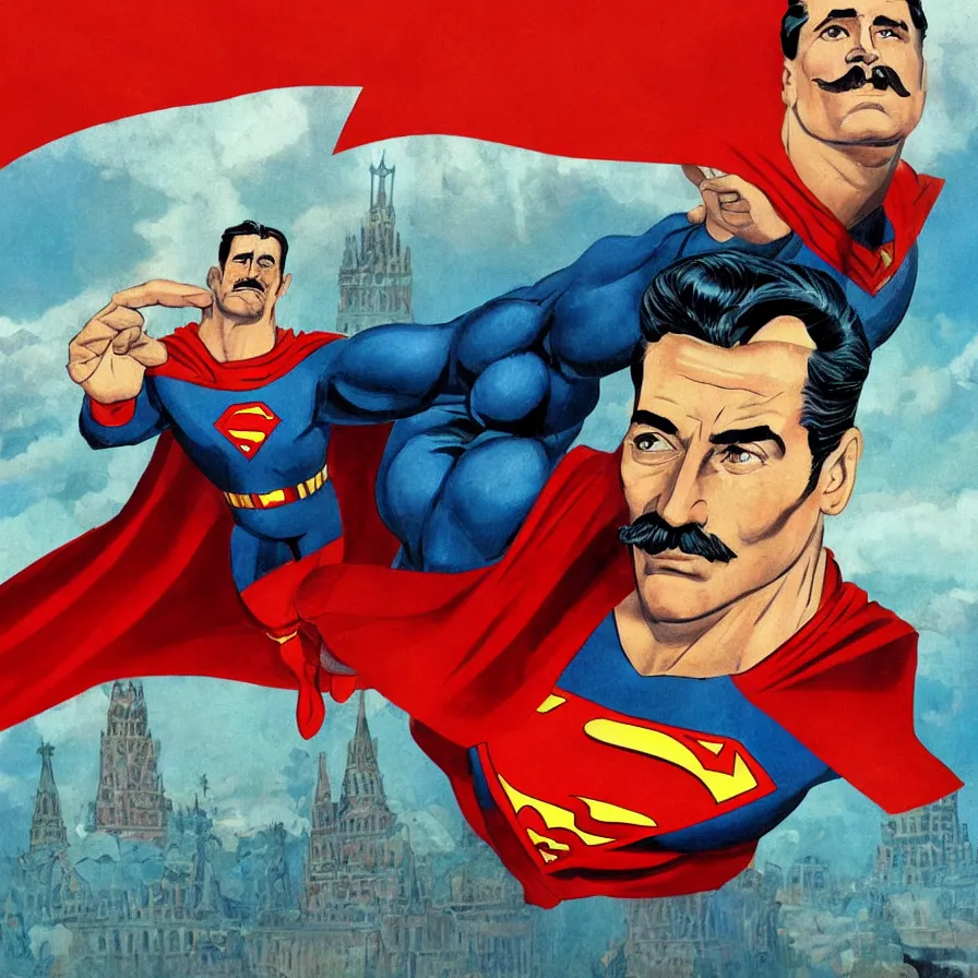Image similar to epic visual development art of stalin as superman flying over moscow, waving at the camera, socialist realism, soviet nostalgia, sovietwave, ultrarealistic, hyperdetailed, intricate digital art, trending artstation, rich moody colors, fan art, concept art, in the style of the red son, by robert kirkman