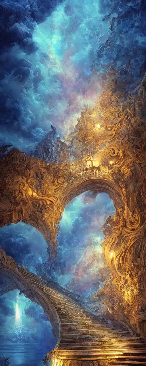 Prompt: A stunning scene of a stairway to heaven, heavenly atmosphere, detailed illustration, digital art, overdetailed art, complementing colors, trending on artstation, Cgstudio, the most beautiful image ever created, dramatic, subtle details, illustration painting, vibrant colors, 8K, award winning artwork, high quality printing, fine art, intricate, epic lighting, very beautiful scenery, 8k resolution, digital painting, sharp focus, professional art, atmospheric environment, 8k ultra hd, artstationHD, hyper detailed, elegant, cinematic, awe inspiring, beautiful, super hyper duper extra realistic
