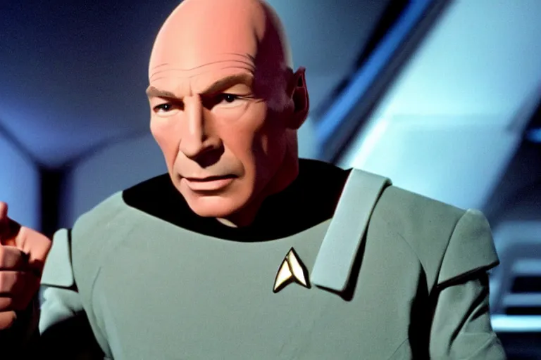 Image similar to A film still of Dax Sheppard starring as a Captain Picard in a Star Trek: The Next Generation, sitting in Ten Forward, dramatic lighting