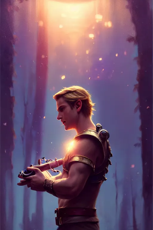 Image similar to cinematic shot of an epic portrait of link playing ocarina, shiny skin, beautiful eyes, beautiful, small details, night setting, realistic poster with volumetric light from craig mallism, artgerm, jeremy lipkin and michael garmash, unreal engine, radiant light, detailed and complex environment, digital art, trends at art station, a masterpiece