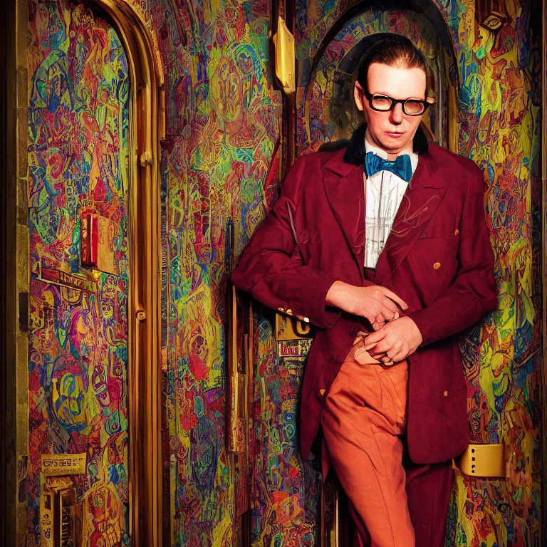 Prompt: vogue professional octane render portrait by wayne barlow and carlo crivelli and glenn fabry, a sinister man in a bright colorful patterned pastel wes anderson elevator operator costume inside a dark and moody vintage elevator in a high - end exotic vintage boutique hotel, very short depth of field, bokeh