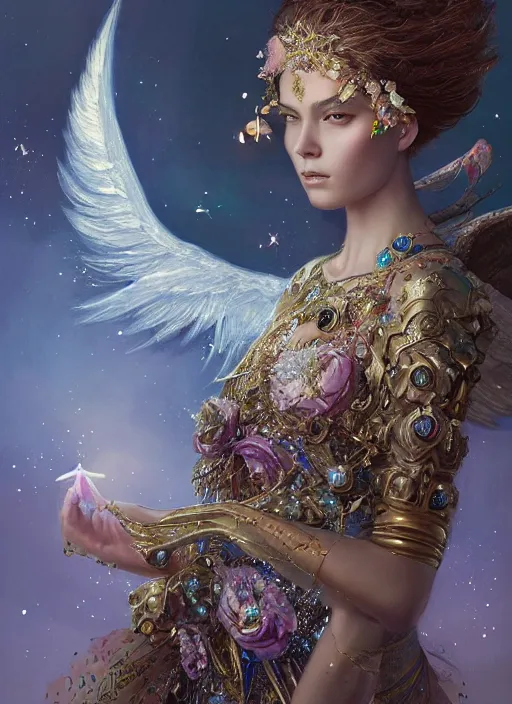 Image similar to A beautiful digital painting of a female angel full of jewels, princess, the moon behind her, intricate, cinematic lighting, highly detailed, digital painting, Artstation, concept art, smooth, sharp focus, illustration, art by Tom Bagshaw, Artgerm and Greg Rutkowski