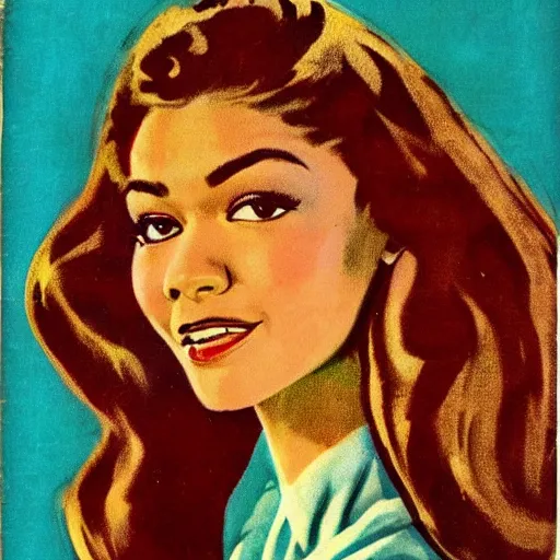 Prompt: “Zendaya portrait, color vintage magazine illustration 1950”