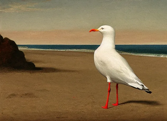 Prompt: seagull, beach, painting, fine art, hard edge painting, tonal colors, polychromatic - colors, by richard dadd