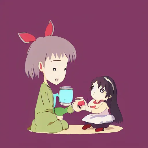 Prompt: little girl drinking tea with a friendly cryptid, artstation, studio ghibli