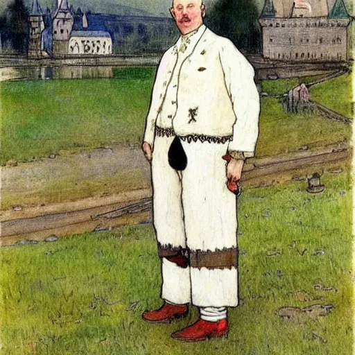 Prompt: painting by carl larsson, cow, dressed, anthropomorphic!!, wearing!!! clothes!!!, standing next to royal castle!!!