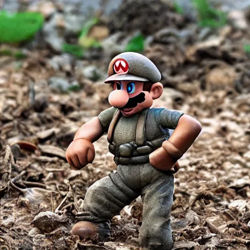 Prompt: super mario in vietnam war trenches, dirty, muddy, violent, sharp focus, hyper realistic, sony 5 0 mm lens