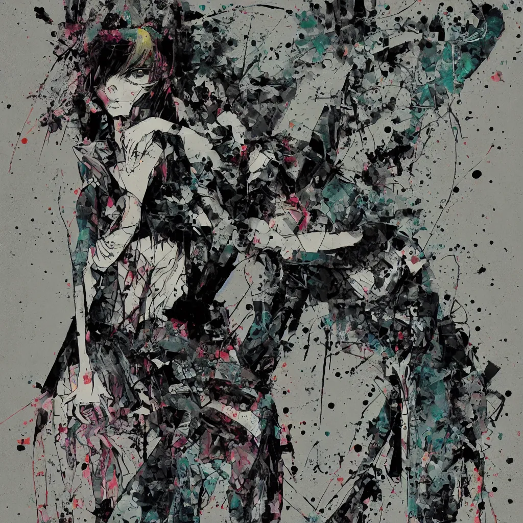 Image similar to girl figure, abstract, jet set radio artwork, ryuta ueda artwork, cryptic, rips, spots, asymmetry, stipple, lines, glitches, color tearing, pitch bending, stripes, dark, ominous, eerie, hearts, minimal, points, otomo katsuhiro artwork, technical, natsumi mukai artwrok, folds