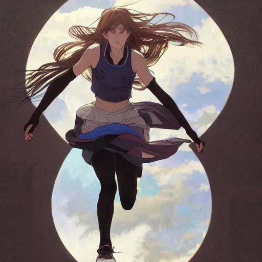 Prompt: a girl is running, sport clothing, anime style, long hair, hair down, symmetrical facial features, from arknights, hyper realistic, highly detailed, rule of thirds, extreme detail, detailed drawing, trending artstation, realistic lighting, sport magazine, by alphonse mucha, greg rutkowski, sharp focus, backlit, real faces, realistic anatomy