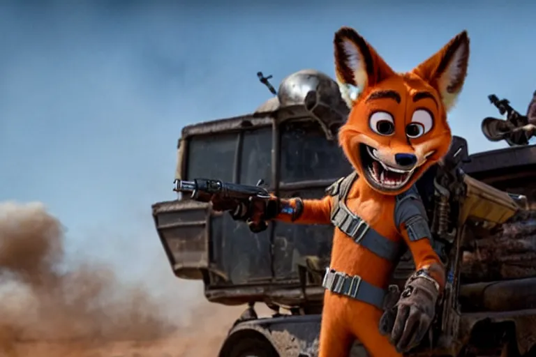 Image similar to nick wilde, heavily armed and armored facing down armageddon in a dark and gritty reboot from the makers of mad max : fury road