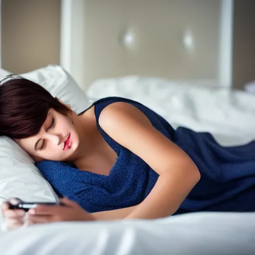 Image similar to young woman with cinnamon colored skin and dark blue hair on her phone under the white sheets on her white bed, masterpiece , Corporate Memphis , award winning. Post-processing