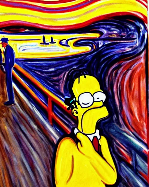 Image similar to a painting of homer simpson screaming in the scream by edvard munch