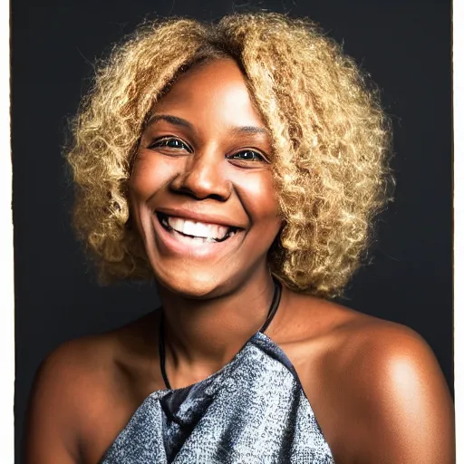 Prompt: portrait of a Black woman with blonde hair and smiling by Kevin Beilfuss.