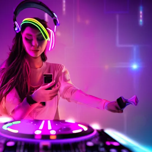 Prompt: a female woman dj playing music on a controller under the stars at a rave party, wearing headphones, long blonde hair with a side part, small kitten sitting nearby, neon pink, neon purple, octane 8 k render, hyper realistic, cyberpunk