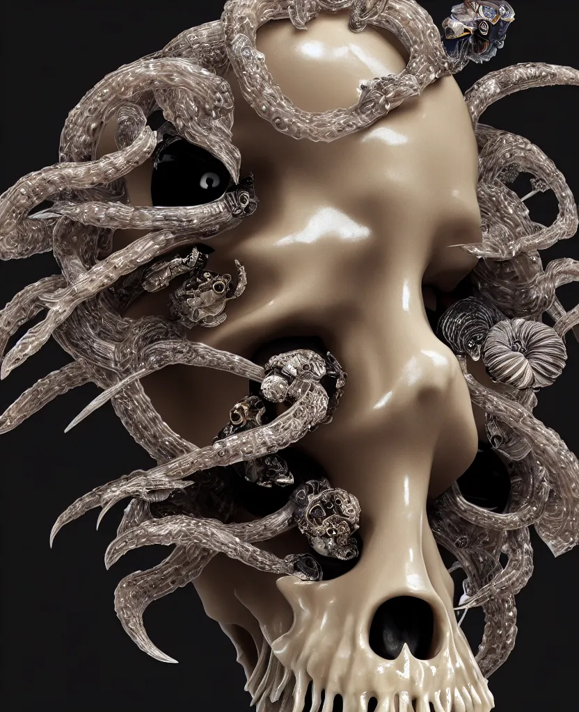 Image similar to goddess princess face close-up portrait ram skull. sculpture made of black stone with elements made of polished gold. jellyfish phoenix head, nautilus, orchid, skull, betta fish, bioluminiscent creatures, intricate artwork by Tooth Wu and wlop and beeple. octane render, trending on artstation, greg rutkowski very coherent symmetrical artwork. cinematic, hyper realism, high detail, octane render, 8k