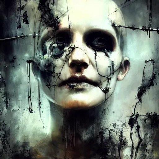 Image similar to skulls wires skin cyberpunk by emil melmoth zdzislaw belsinki craig mullins yoji shinkawa realistic render ominous detailed photo atmospheric by jeremy mann francis bacon and agnes cecile ink drips paint smears digital glitches glitchart