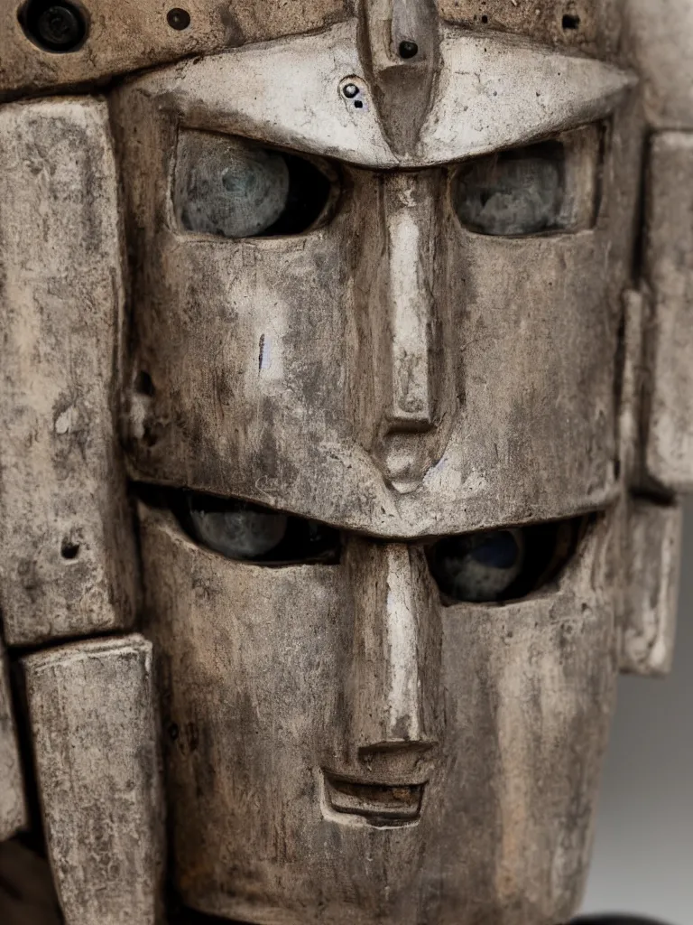 Prompt: closeup of a peaceful friendly cyberpunk rustic robot head, sigma 55mm f/8