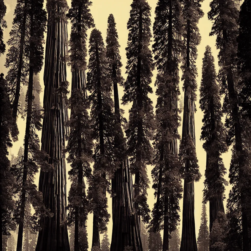 Image similar to giant sequoia by, mads berg, karolis strautniekas, film noir, stippled light, dramatic lighting, editorial illustration, detailed, fine texture, matte print, art deco, brutalism, dark blue + dark orange, red, black, ( ( habitat 6 7 background ) )