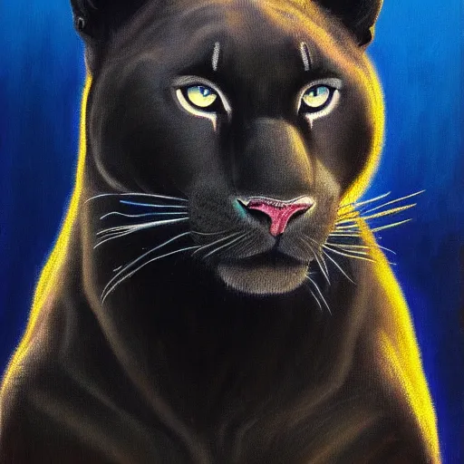 Image similar to oil on canvas of one beautiful majestic black panther. beautiful. mysterious. intricately detailed. meticulously rendered. background is a jungle. hd. trending on art station. h 7 6 8