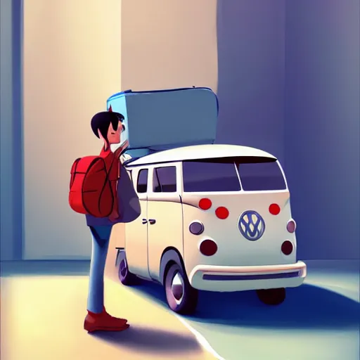 Image similar to goro fujita ilustration traveling in a volkswagen car with luggage, painting by goro fujita, sharp focus, highly detailed, artstation