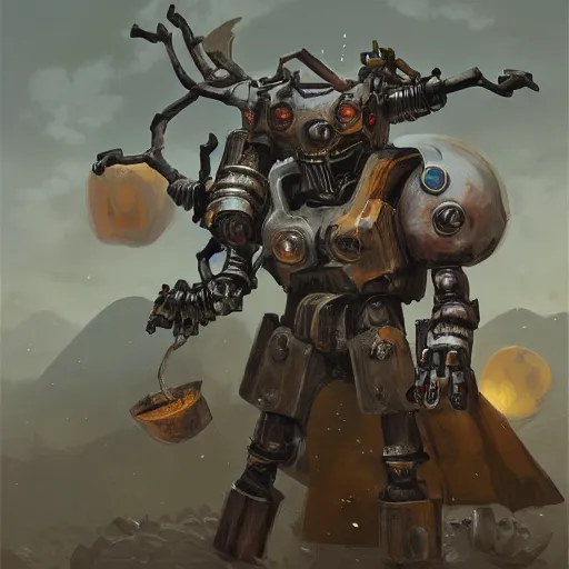 Prompt: portrait concept painting of a rampaging ashigaru mecha war construct, destroying a small village fantasy painting, dungeons and dragons, magic the gathering art, of bamboo, laquer and steel, steampunk - inspired by brian froud and greg rutkowski and jessica rossier