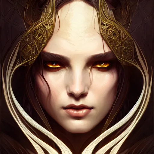 Image similar to Portrait of female sorceress, dark fantasy, medium shot, intricate, elegant, highly detailed, digital painting, artstation, concept art, smooth, sharp focus, illustration, art by artgerm and greg rutkowski and alphonse mucha