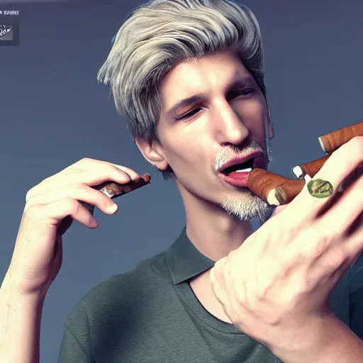 Image similar to a high quality photo of xqc smoking a cigar, 3d scene, render, ultra realistic, artstation, cgsociety