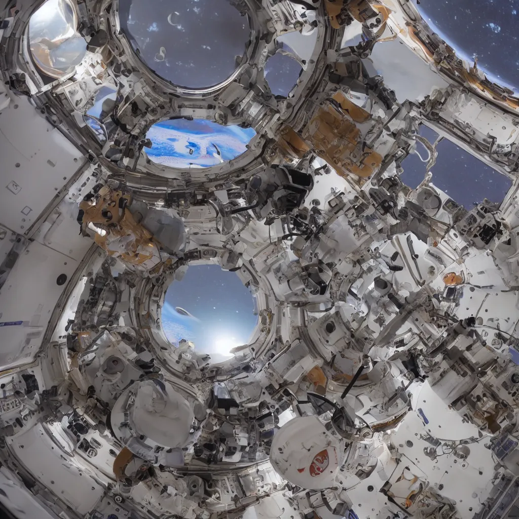 Image similar to Inside the international space station looking out a cupola window to see Mars looming in space. 4K.