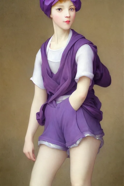 Image similar to Full View girl with short blond hair wearing an oversized purple Beret, Baggy Purple overall shorts, Short Puffy pants made of silk, silk shoes, a big billowy scarf, Golden Ribbon, and white leggings Covered in stars. Short Hair. masterpiece 4k digital illustration by Ruan Jia and Mandy Jurgens and Artgerm and william-adolphe bouguereau, award winning, Artstation, art nouveau aesthetic, Alphonse Mucha background, intricate details, realistic, panoramic view, Hyperdetailed, 8k resolution, intricate art nouveau