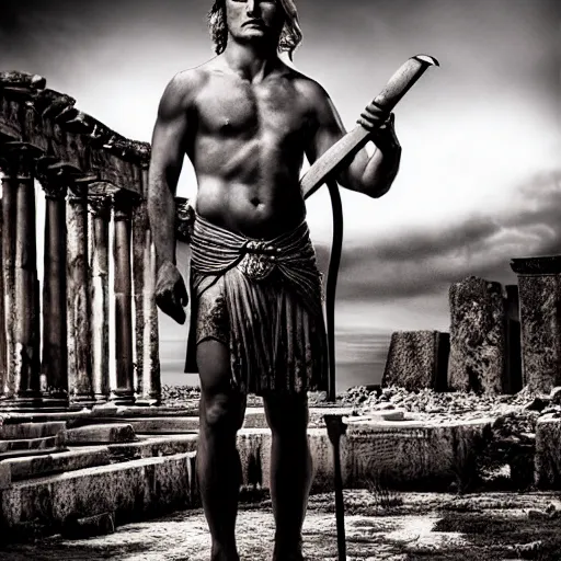 Image similar to portrait of Achilles holding a spear, standing in ruins, fallen columns, highly detailed face, photo realistic, facial features, tom chambers photography