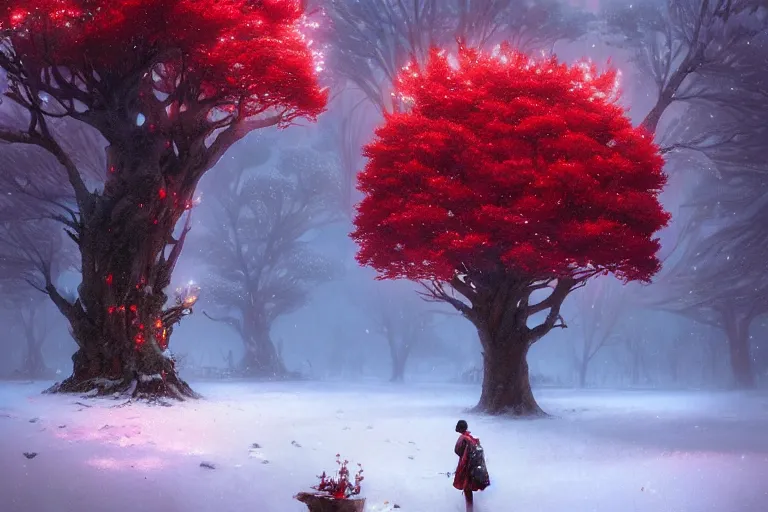 Image similar to giant tree in snow with red flowers, unreal engine, fantasy art by greg rutkowski, loish, rhads, ferdinand knab, makoto shinkai and lois van baarle, ilya kuvshinov, rossdraws, tom bagshaw, global illumination, radiant light, detailed and intricate environment