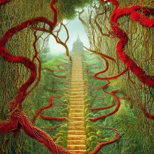 Image similar to intricate stunning highly detailed illustration of the inca lost city of gold, red blood blood blood rivers running through stairs, blood red 🌱, by agostino arrivabene and vladimir kush, surreal, digital painting, ultra realistic, dramatic lighting, twisted vines, lush plants, gold, inca, pristine water, artstation