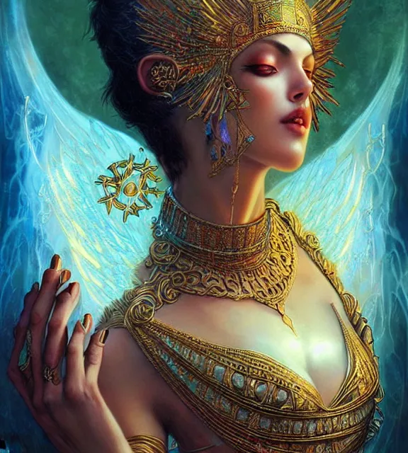 Prompt: goddess of the afterlife, unholy, tarot card, ornate, digital art by artgerm and karol bak