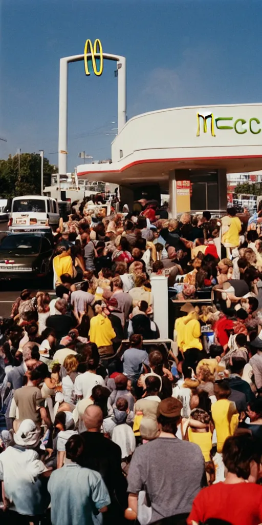 Prompt: A crowd gathers as a McDonalds floats into the sky, 35mm film