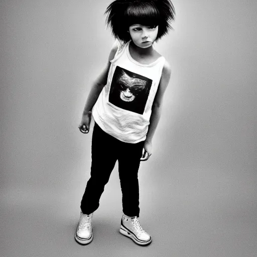 Image similar to the face of punk rock alien at 5 years old wearing balenciaga clothing, black and white portrait by julia cameron, chiaroscuro lighting, shallow depth of field, 8 0 mm, f 1. 8