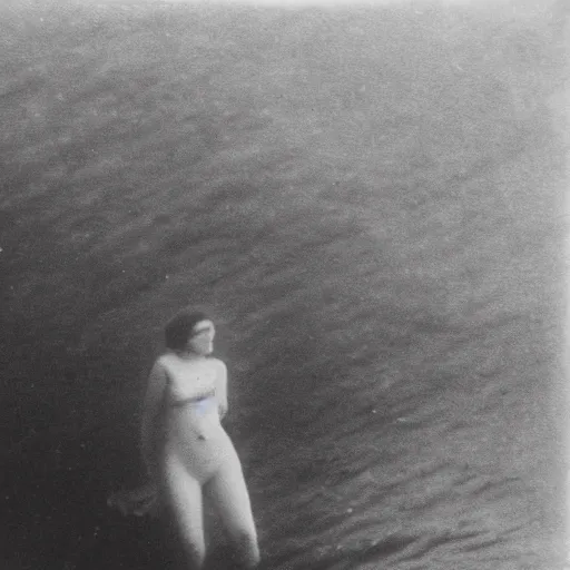 Prompt: low quality 1920s photo of a 🧜‍♀️ on deep sea, damaged