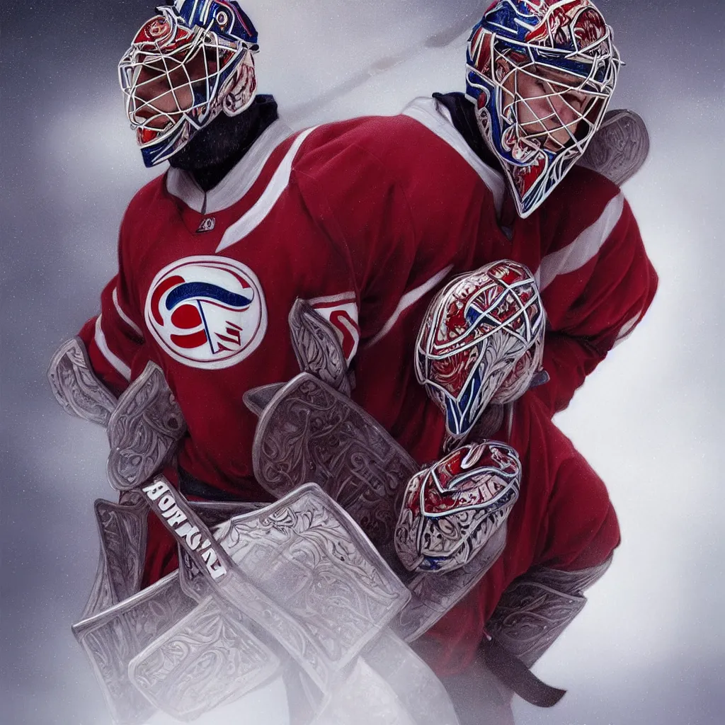 Image similar to beautiful portrait of Patrick Roy as a hockey coach, fantasy, intricate, elegant, highly detailed, digital painting, artstation, concept art, smooth, sharp focus, luxury fashion illustration, art by artgerm and greg rutkowski and alphonse mucha, brightly lit cinematic soft lighting, photorealistic