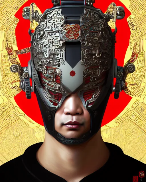 Image similar to portrait of a chinese masculine male cyberpunk machine, machine face, upper half portrait, decorated with chinese opera motifs, muscular, asian, fine china, wuxia, traditional chinese art intricate intense elegant 京 剧 highly detailed symmetry headpiece digital painting artstation concept art smooth sharp focus illustration, art by artgerm and greg rutkowski alphonse mucha 8 k