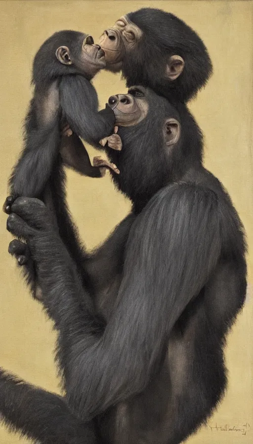 Image similar to still-life painting of a man and his baby gorilla, by Helene Schjerfbeck, by Helene Schjerfbeck, volumetric lighting, intricately detailed, canvas print