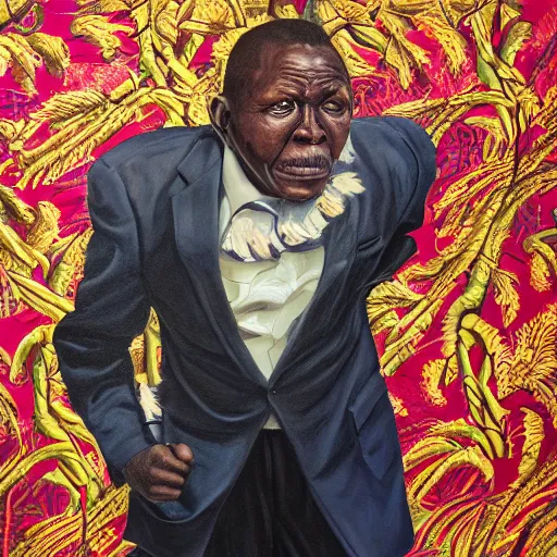 Prompt: a painting of a big wise elder from Kenya in a suit by Kehinde Wiley . dramatic angle, ethereal lights, details, smooth, sharp focus, illustration, realistic, cinematic, artstation, award winning, rgb , unreal engine, octane render, cinematic light, macro, depth of field, blur, red light and clouds from the back, highly detailed epic cinematic concept art CG render made in Maya, Blender and Photoshop, octane render, excellent composition, dynamic dramatic cinematic lighting, aesthetic, very inspirational, arthouse.