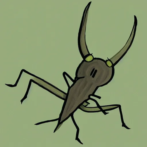 Prompt: A grasshopper drawn in the style of Hollow Knight