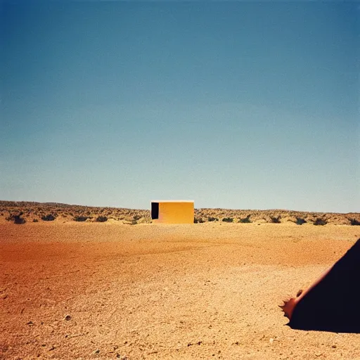 Prompt: lustful woman standing outside a Non-Euclidean orb-like clay house sitting in the desert and looking at her phone, vintage photo, beautiful cinematography, blue sky, film grain, James Turrell