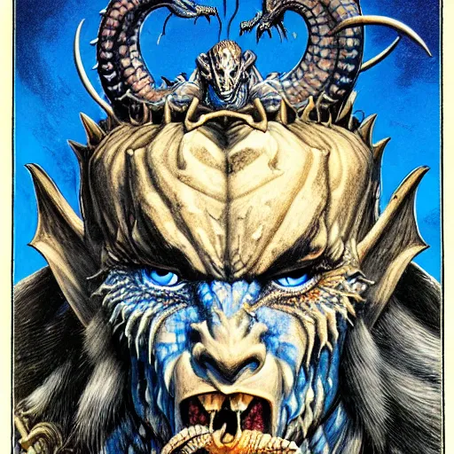 Prompt: head and shoulders portrait of a medieval d & d fantasy anthropomorphic blue dragon - human hybrid sorcerer, d & d rulebook cover art by jeff easley, hr giger, and frank miller