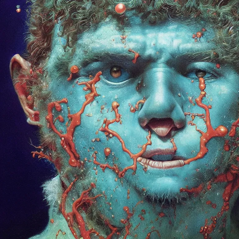 Prompt: Hyperrealistic intensely colored close up studio Photograph portrait of a deep sea bioluminescent Tom Holland, symmetrical face realistic proportions eye contact golden eyes, Smiling in a coral reef underwater, award-winning portrait oil painting by Norman Rockwell and Zdzisław Beksiński vivid colors high contrast hyperrealism 8k